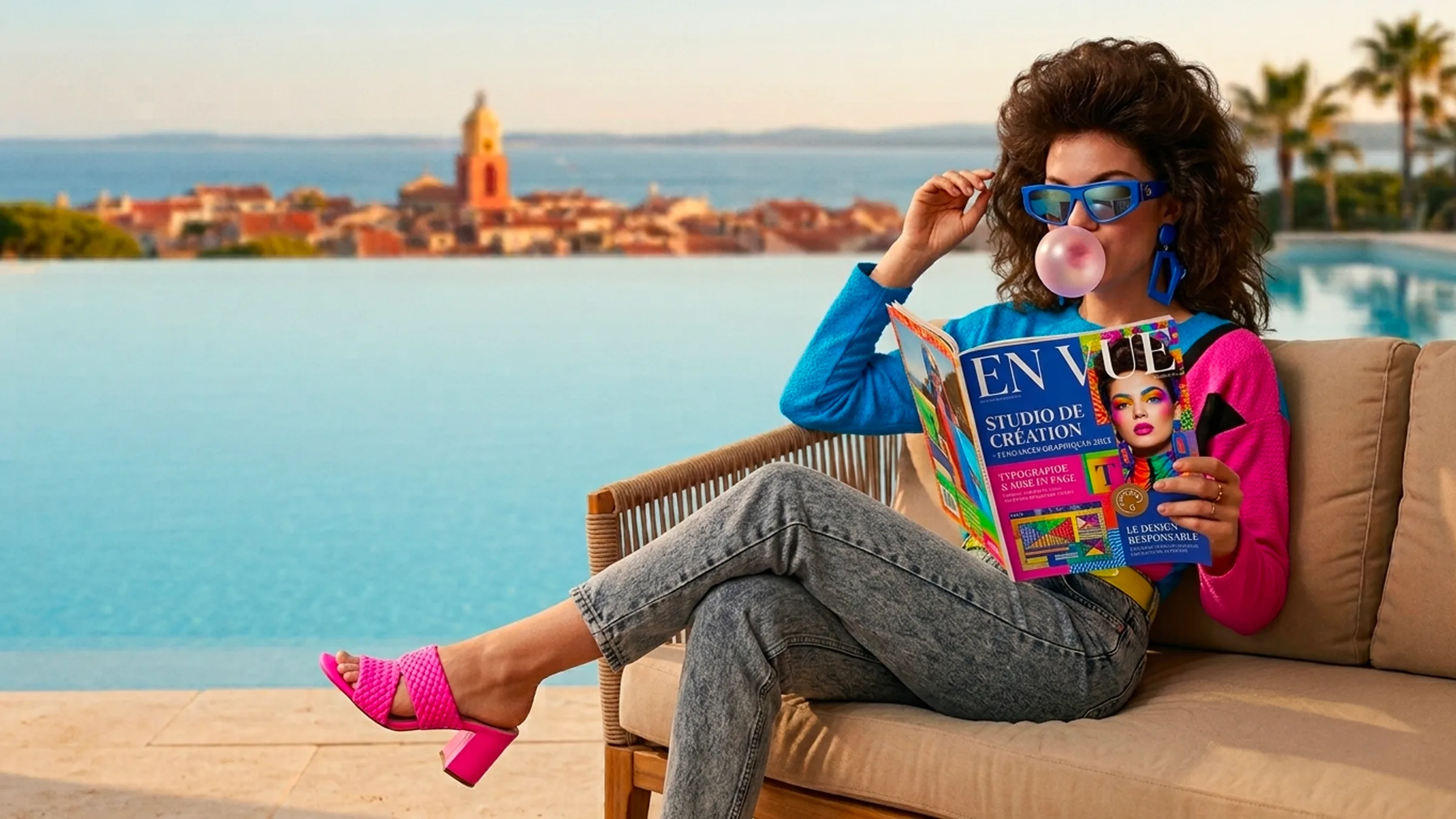Femme au bord d'une piscine lisant le magazine En Vue, studio de création