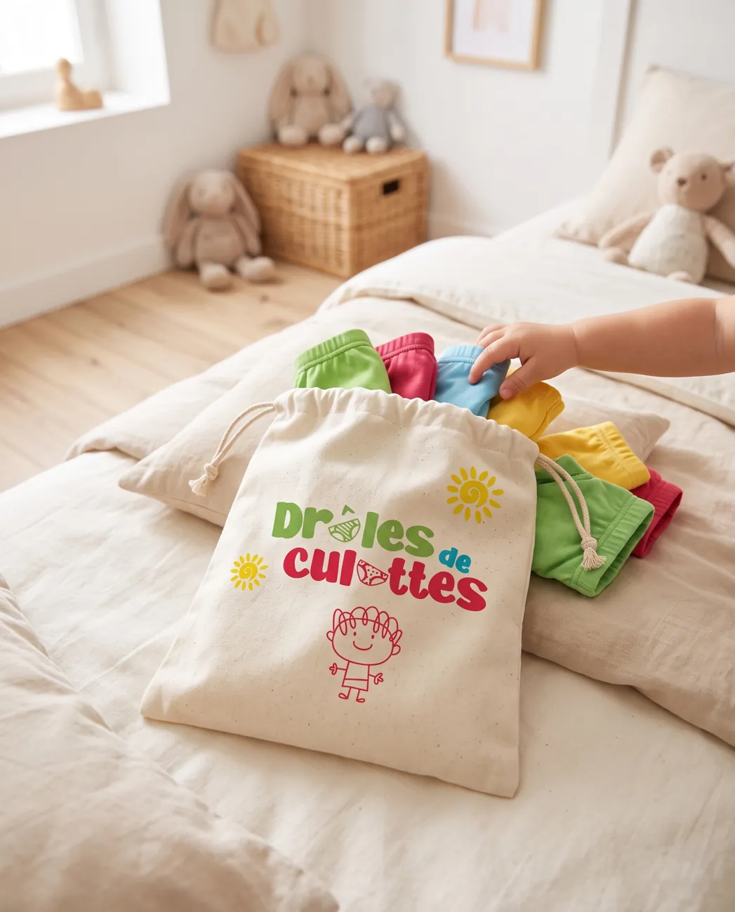 Sac en coton Drôles de Culottes rempli de culottes colorées