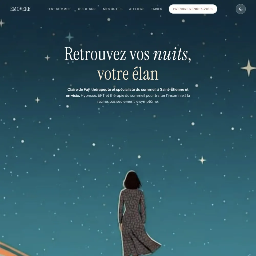 Site Emovere en mode nuit, hero étoilé