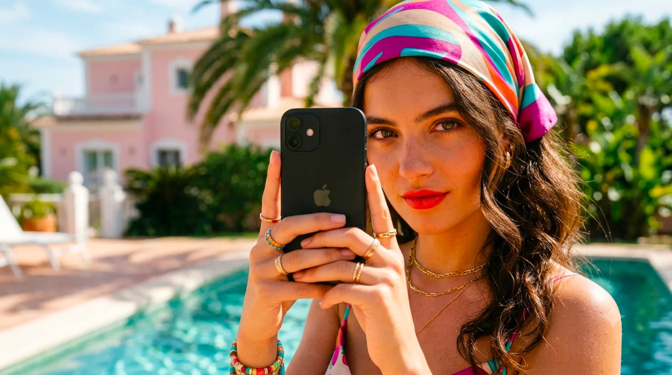 Créatrice filmant du contenu au bord d'une piscine, face à l'objectif