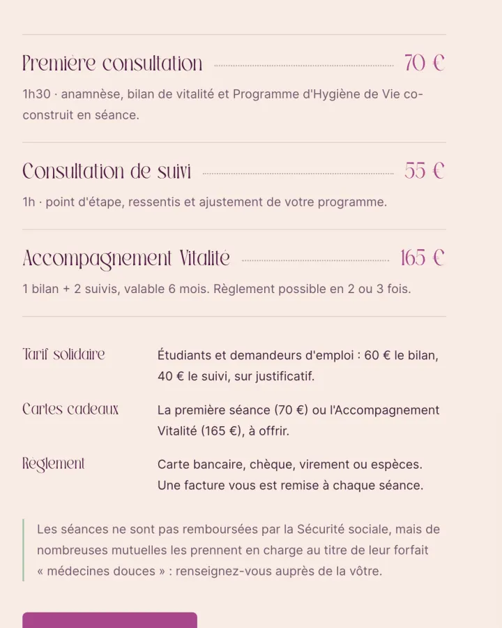 Tarifs des consultations de naturopathie de Juliette Garcia
