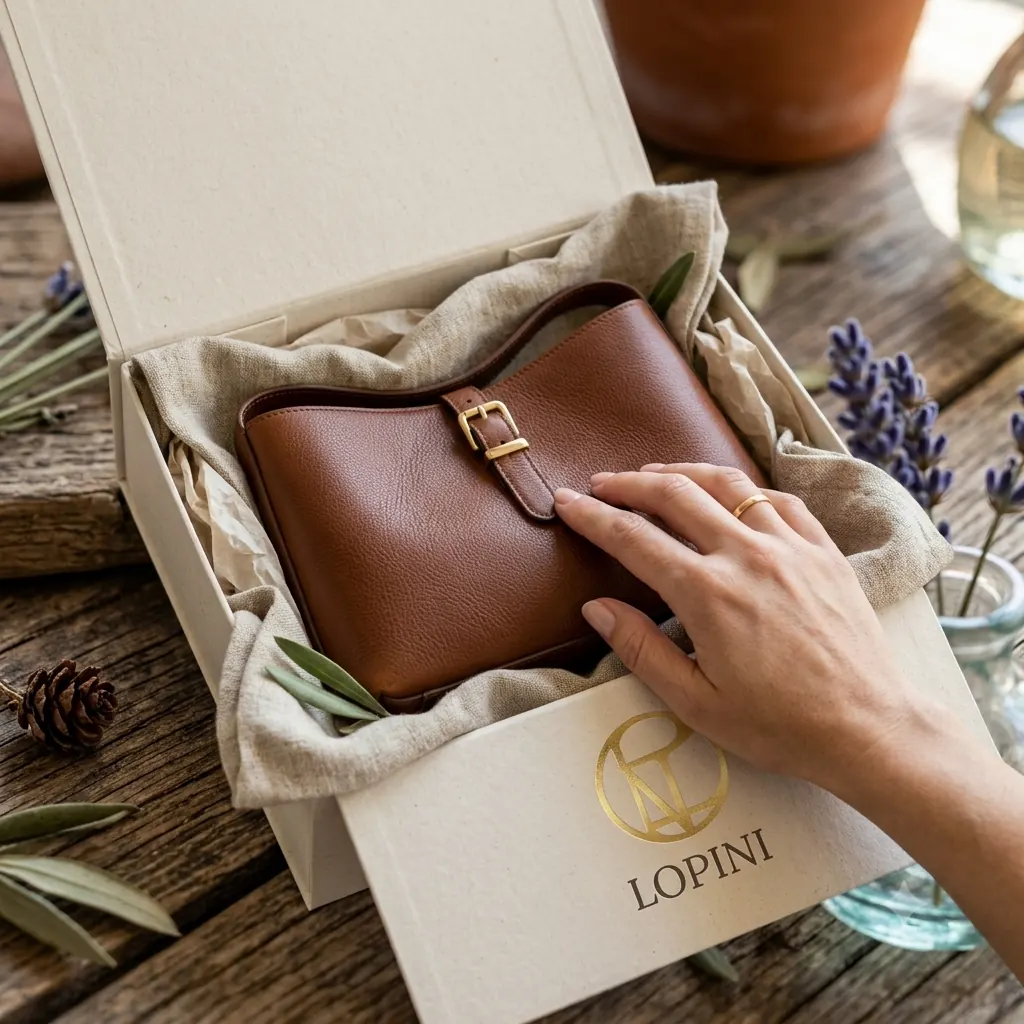 Sac en cuir Lopini présenté dans son coffret