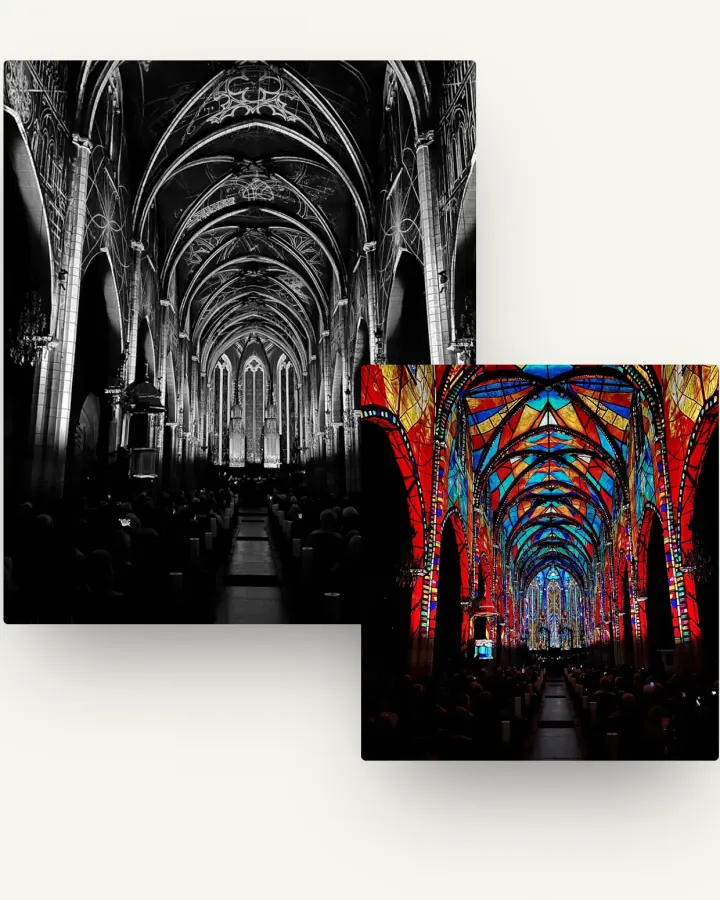 Page Création lumière du site Scenitech, mise en lumière d'une église