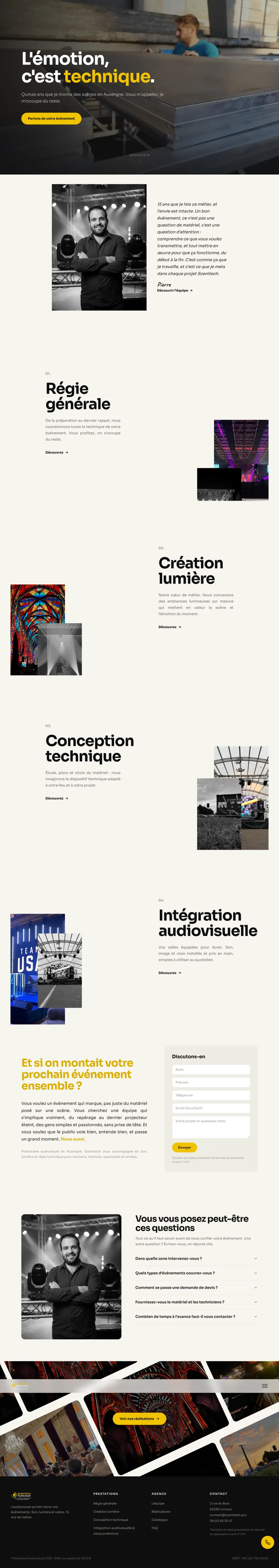 Page d'accueil du site internet multipage de Scenitech, prestataire audiovisuel en Auvergne