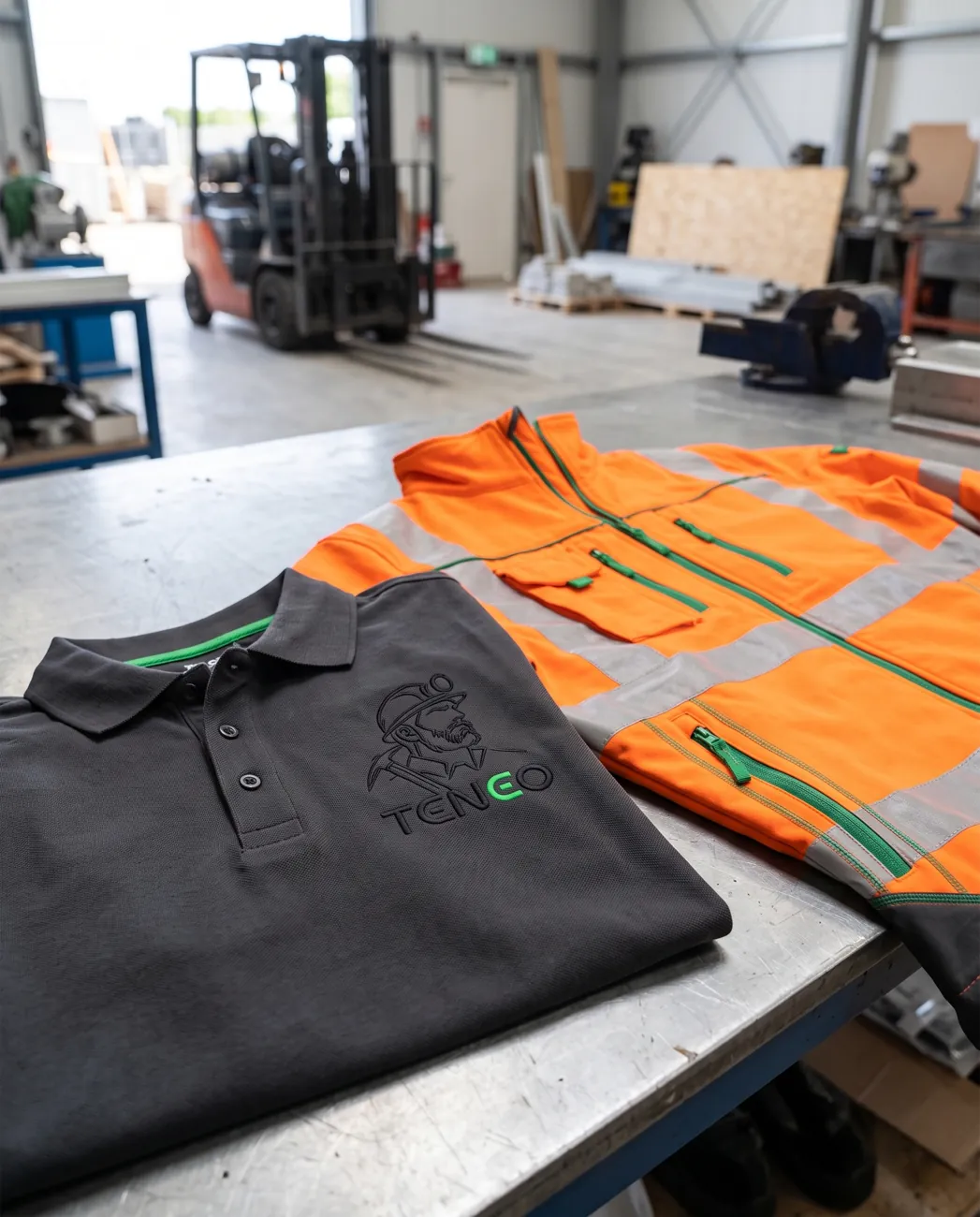 Polo et veste haute visibilité Teneo sur un plan de travail d'atelier